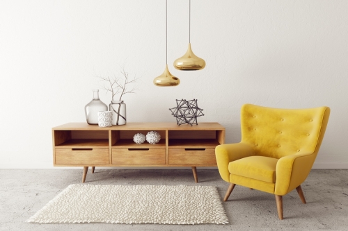 Modern,Living,Room,With,Yellow,Armchair.,Scandinavian,Interior,Design,Furniture.