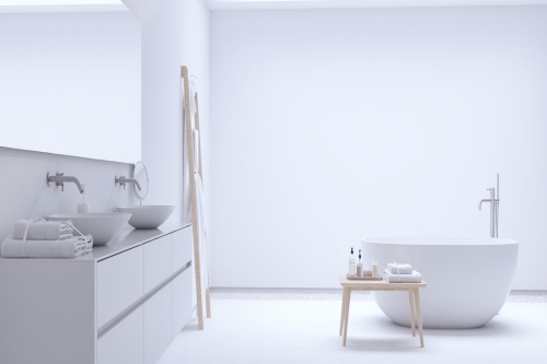 3d,Rendering.,New,Modern,Zen,Bathroom,With,White,Wall