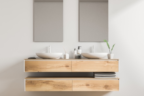 White,Double,Sink,Standing,On,A,Wooden,Vanity,Unit,In