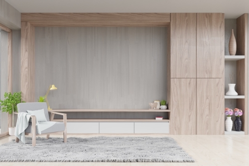 Cabinet,Tv,In,Modern,Living,Room,With,Decoration,And,Armchair