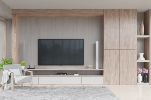 Tv,On,Wall,In,Modern,Living,Room,With,Decoration,And