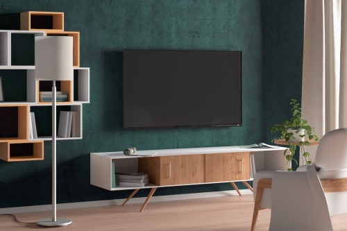 Tv,Screen,On,The,Turquoise,Wall,In,Modern,Living,Room.