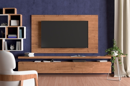 Tv,Screen,On,The,Blue,Wall,With,Wooden,Plate,Above