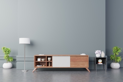 Tv,Cabinet,In,Modern,Empty,Room,On,Back,Dark,Wall