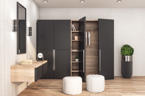 Modern,Wardrobe,With,Clothes,In,Stylish,Interior,,Wooden,Floor,And