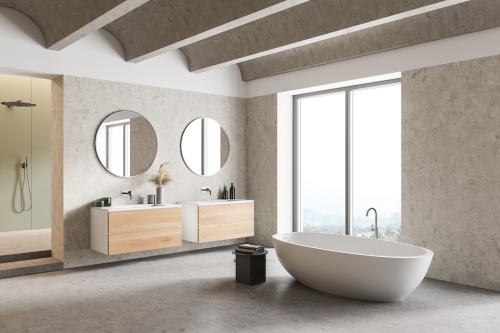 Corner,Of,Stylish,Bathroom,With,White,And,Wooden,Walls,,Concrete