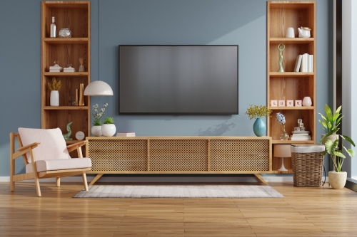 Mockup,Tv,On,Cabinet,In,Modern,Empty,Room,With,Behind