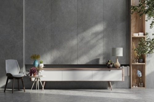 Cabinet,For,Tv,In,Cement,Room,With,Concrete,Wall.3d,Rendering