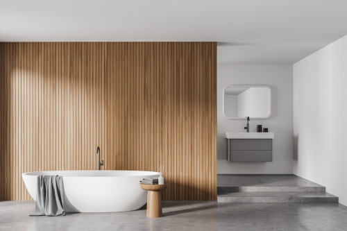 Light,Bathroom,Interior,With,White,Tub,And,Bath,Accessories,On