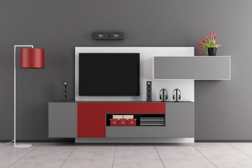 Gray,And,Red,Living,Room,With,Wall,Unit,And,Tv