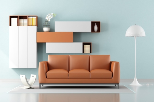 Minimalist,Living,Room,With,Orange,Sofa,And,Wall,Unit,On