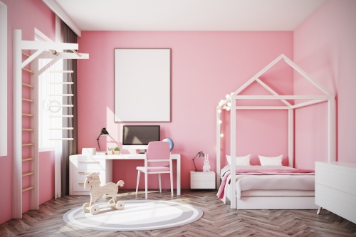 Nursery,With,Pink,Walls,,A,Wooden,Floor,,A,Double,Bed